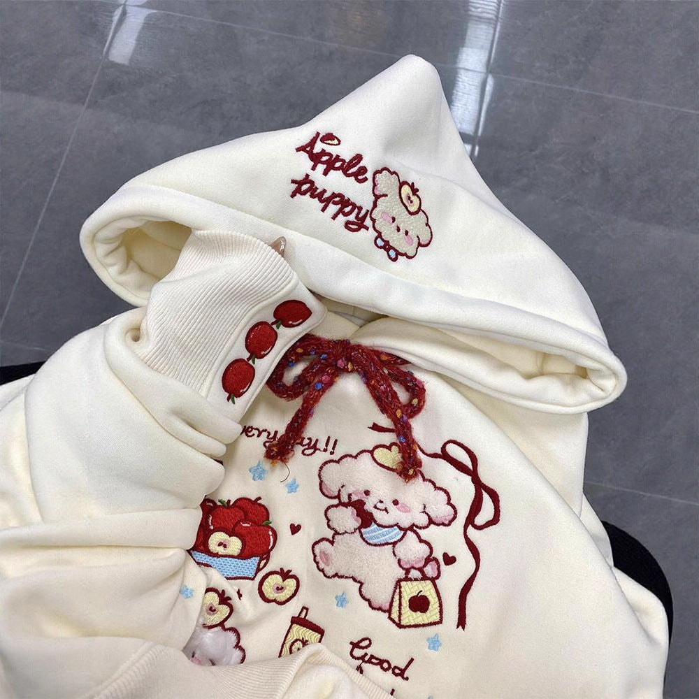 Cute Cartoon Embroidered Hoodie for Women, Fleece-Lined Thickened Lazy Style Top Jacket