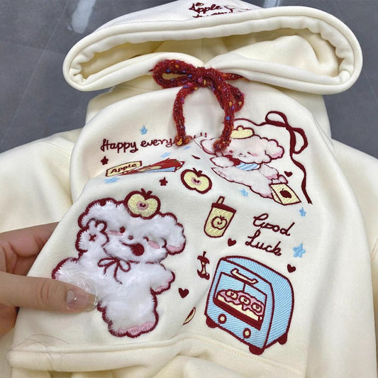 Cute Cartoon Embroidered Hoodie for Women, Fleece-Lined Thickened Lazy Style Top Jacket