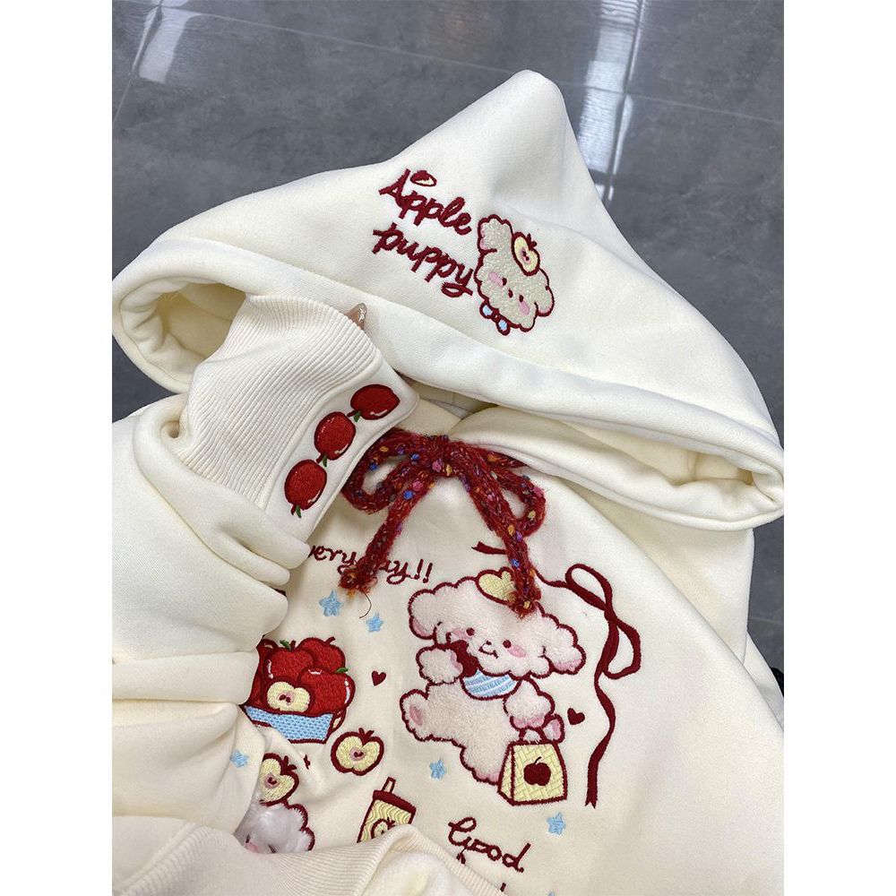 Cute Cartoon Embroidered Hoodie for Women, Fleece-Lined Thickened Lazy Style Top Jacket