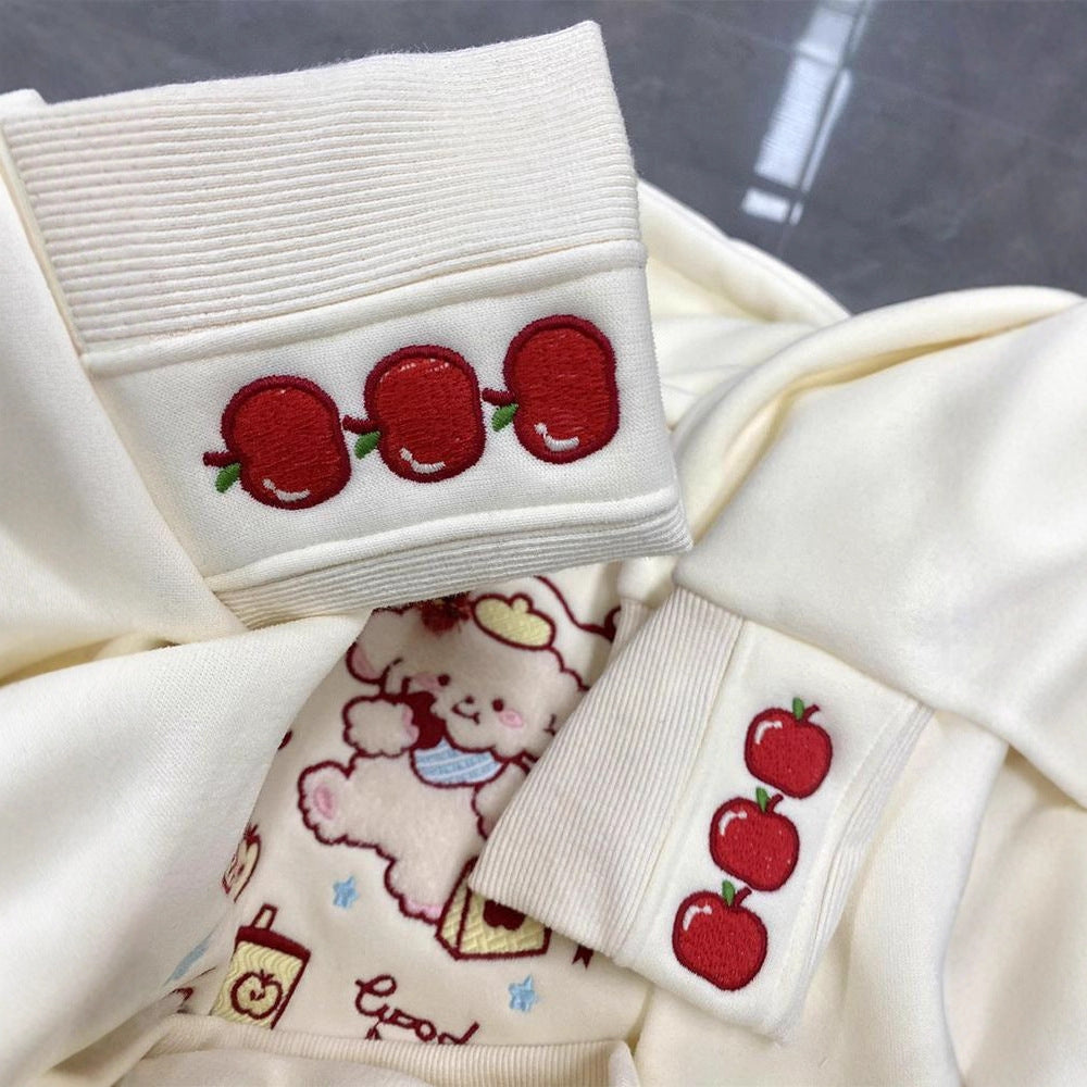 Cute Cartoon Embroidered Hoodie for Women, Fleece-Lined Thickened Lazy Style Top Jacket