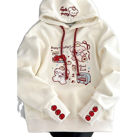 Cute Cartoon Embroidered Hoodie for Women, Fleece-Lined Thickened Lazy Style Top Jacket